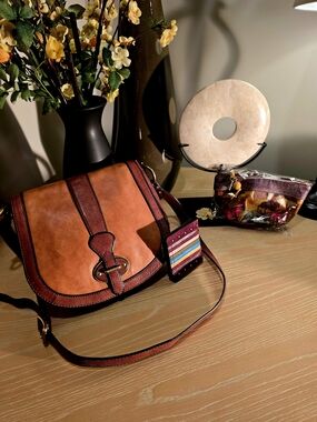 Fossil Cognac and Burgundy Leather Crossbody Saddle Bag